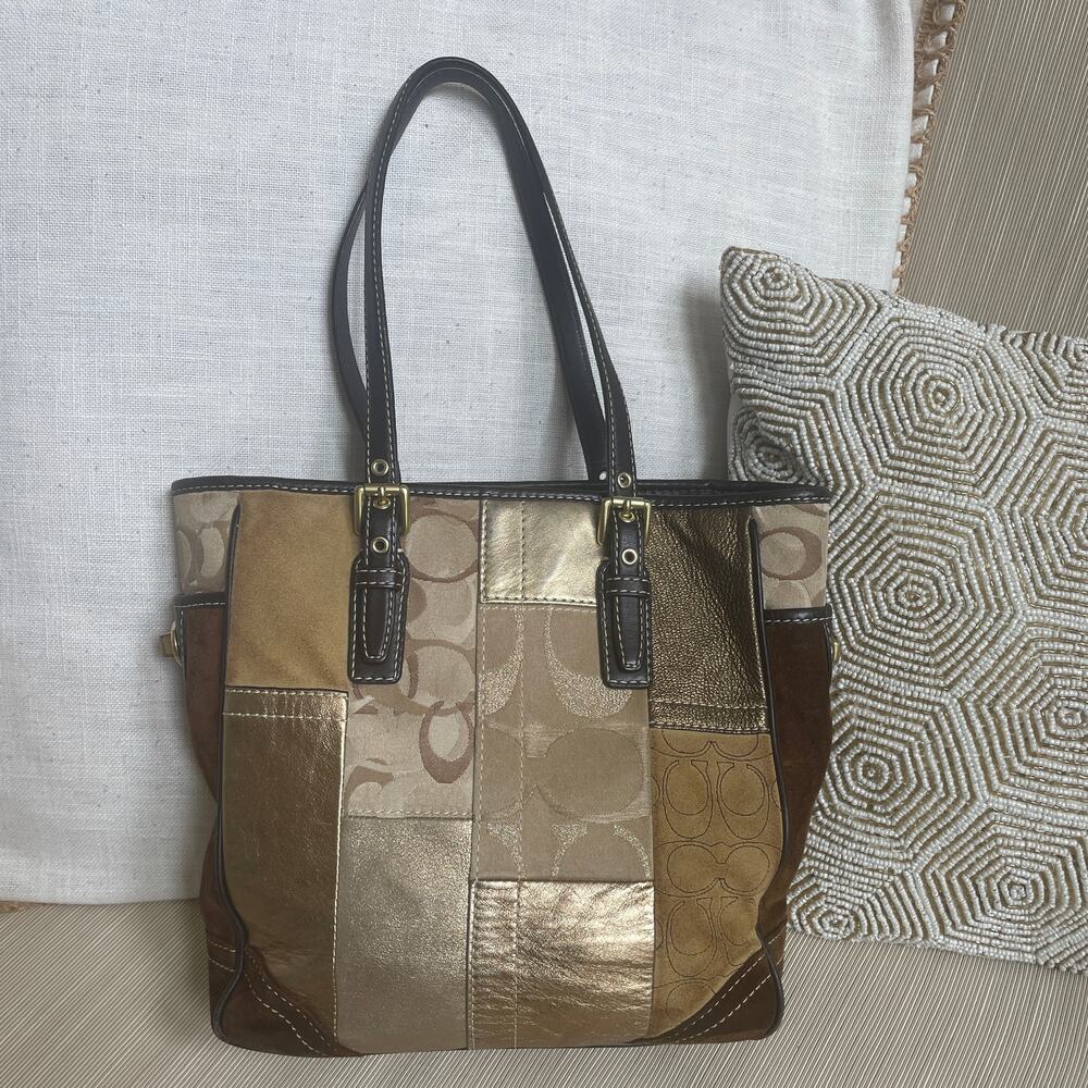 Rare Y2K Coach Signature Patchwork Tote Bag | 8J99, Gold Metallic, Suede